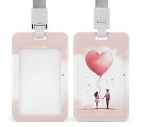 Sliding Happy Valentine's Day Badge Holder Waterproof Plastic Card Holder with Clear Window Detachable Lanyard Vertical Heavy Card Case Protector for Office School Factory