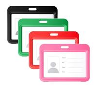 Sliding Horizontal ID Badge Holder with 4 Lanyards, 4 Pack Hard Plastic Card Case Protector Pouch with Sided Clear Window for Office School Factory Teacher Student (Pink/Red/Black/Green)