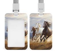Sliding Horses Running Art Badge Holder Waterproof Plastic Card Holder with Clear Window Detachable Lanyard Vertical Heavy Card Case Protector for Office School Factory