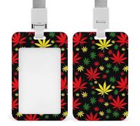 Sliding ID Badge Holder for Men Women, Work Badge Sleeve Name Tag Holder with Detachable Lanyards Jamaican Rasta Flag Color Weedleaf Leaves Vertical Card Case Protector Pouch