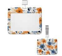 Sliding ID Badge Holder Plastic Horizontal Badge Holder for Office Blue and Orange Flowers Badges Holders Card Case Protector for Work ID Name Card for Driver Nurse Licenses Passes