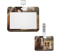 Sliding ID Badge Holder Plastic Horizontal Badge Holder for Office Collie Dog and Horse Together Badges Holders Card Case Protector for Work ID Name Card for Driver Nurse Licenses Passes