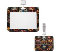 Sliding ID Badge Holder Plastic Horizontal Badge Holder for Office Colorful Sugar Skulls Badges Holders Card Case Protector for Work ID Name Card for Driver Nurse Licenses Passes