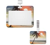 Sliding ID Badge Holder Plastic Horizontal Badge Holder for Office Palm Tree on Beach Badges Holders Card Case Protector for Work ID Name Card for Driver Nurse Licenses Passes