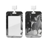 Sliding Id Badge Holder Plastic Vertical Badge Holder Black and White Horses Running Card Case Id Card Holder Protector with Clear Window Id Credit Card for Office Work Nurse