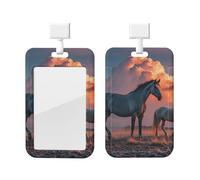 Sliding Id Badge Holder Plastic Vertical Badge Holder Horses Red Glowing Clouds Card Case Id Card Holder Protector with Clear Window Id Credit Card for Office Work Nurse