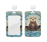 Sliding Id Badge Holder Plastic Vertical Badge Holder Lovely Sea Otter Print Card Case Id Card Holder Protector with Clear Window Id Credit Card for Office Work Nurse