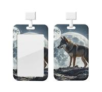 Sliding Id Badge Holder Plastic Vertical Badge Holder Wolf Under Moon Card Case Id Card Holder Protector with Clear Window Id Credit Card for Office Work Nurse
