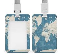 Sliding ID Badge Holder Vertical Badge Holder with Clear Window Plastic Badge Holder for Work Blue Map of The World ID Card Holder Card Protector Cover for Office Nurse