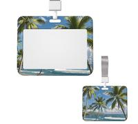 Sliding ID Badge Holder Vertical Badge Reel Hard Plastic Horizontal Badge Holder ID Card Holder with Clear Window Green Palm Trees Ocean Badge Holders Name Tag Holder for Nurses Office