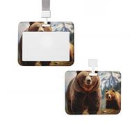 Sliding ID Badge Holder Vertical Hard Plastic Sleeve Grizzly Bear Badge Holder Waterproof ID Card Name Protector Cover with Lanyard Key Card Holder Case for Office Nurse Doctor Teacher