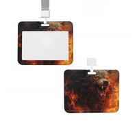 Sliding ID Badge Holder Vertical Hard Plastic Sleeve Wild Wolf in The Fire Badge Holder Waterproof ID Card Name Protector Cover with Lanyard Key Card Holder Case for Office Nurse Doctor Teacher