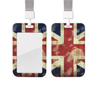 Sliding ID Badge Holder Waterproof Card Holder with Lanyard Plastic Card Case Vertical ID Card Protector Name Tag Holder Vintage Union Jack British Flag ID Card Holder Work Card Sleeve for Women Men
