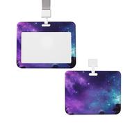 Sliding ID Badge Holder with Lanyard Card Case Protector Pouch with Clear Window Vertical ID Credit Card Name Tag Purple Starry Sky Badge Holder for NurseOffice Supplies