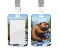 Sliding ID Badge Holder with Lanyard Card Case Protector Pouch with Clear Window Vertical ID Credit Card Name Tag Busy Beaver Cartoon Badge Holder for NurseOffice Supplies