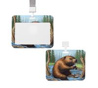 Sliding ID Badge Holder with Lanyard Card Case Protector Pouch with Clear Window Vertical ID Credit Card Name Tag Busy Beaver Cartoon Badge Holder for NurseOffice Supplies
