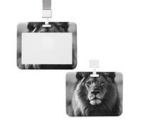Sliding ID Badge Holder with Lanyard Card Case Protector Pouch with Clear Window Vertical ID Credit Card Name Tag African Lion Black and White Badge Holder for NurseOffice Supplies