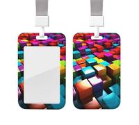 Sliding ID Badge Holder with Lanyard Card Case Protector Pouch with Clear Window Vertical ID Credit Card Name Tag 3D Colorful Cubes Badge Holder for NurseOffice Supplies