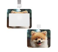 Sliding ID Badge Holder with Lanyard Card Case Protector Pouch with Clear Window Vertical ID Credit Card Name Tag Cute Little Pomeranian Badge Holder for NurseOffice Supplies