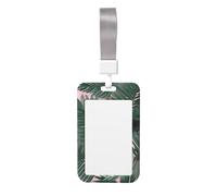 Sliding ID Badge Holder with Lanyard Green Palm Tree Leaves ID Card Holder Case Plastic Vertical Card Case Protector Pouch with Clear Window Work Badge Sleeve for Women Men Office