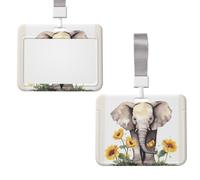 Sliding ID Badge Holder with Lanyard, Hard Plastic Horizontal Card Case | Elephant And Sunflower Id Card Holder With Clear Window, Waterproof Work Badge Sleeve For Women Men Office