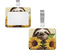 Sliding ID Badge Holder with Lanyard, Hard Plastic Horizontal Card Case | Sloth Sunflower Id Card Holder With Clear Window, Waterproof Work Badge Sleeve For Women Men Office