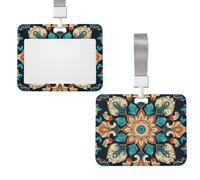 Sliding ID Badge Holder with Lanyard, Hard Plastic Horizontal Card Case | Vintage Mandala Flowers Id Card Holder With Clear Window, Waterproof Work Badge Sleeve For Women Men Office