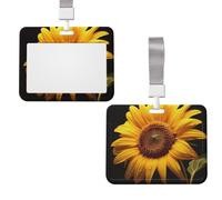 Sliding ID Badge Holder with Lanyard, Hard Plastic Horizontal Card Case | Yellow Sunflower Id Card Holder With Clear Window, Waterproof Work Badge Sleeve For Women Men Office