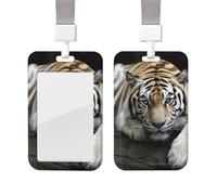 Sliding ID Badge Holder with Lanyard Plastic Card Case Protector Pouch with Clear Window ID Credit Card Name Tag Tiger Lie On Rock Badge Holder for Nurse Doctor Office Supplies