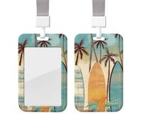 Sliding ID Badge Holder with Lanyard Plastic Card Case Protector Pouch with Clear Window ID Credit Card Name Tag Surfboard Palm Tree Badge Holder for Nurse Doctor Office Supplies