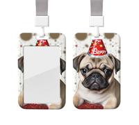 Sliding ID Badge Holder with Lanyard Plastic Card Case Protector Pouch with Clear Window ID Credit Card Name Tag Cute Happy Birthday Pug Puppy Badge Holder for Nurse Doctor Office Supplies