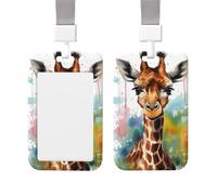 Sliding ID Badge Holder with Vertical Card Badge Holder Waterproof Plastic Card Sleeve Cute Giraffe Watercolor Badge Protector Case Name Tag ID Card Holder for Work Office Doctor Nurse