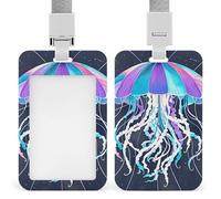 Sliding Jellyfish Pattern Badge Holder Waterproof Plastic Card Holder with Clear Window Detachable Lanyard Vertical Heavy Card Case Protector for Office School Factory