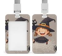 Sliding Little Witch Badge Holder Waterproof Plastic Card Holder with Clear Window Detachable Lanyard Vertical Heavy Card Case Protector for Office School Factory