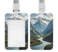 Sliding Mountains and Rivers Badge Holder Waterproof Plastic Card Holder with Clear Window Detachable Lanyard Vertical Heavy Card Case Protector for Office School Factory