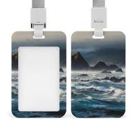 Sliding Mountains Meet The Sea Badge Holder Waterproof Plastic Card Holder with Clear Window Detachable Lanyard Vertical Heavy Card Case Protector for Office School Factory
