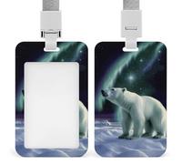 Sliding Polar Bears Northern Lights Badge Holder Waterproof Plastic Card Holder with Clear Window Detachable Lanyard Vertical Heavy Card Case Protector for Office School Factory