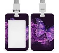 Sliding Purple Butterfly Floral Badge Holder Waterproof Plastic Card Holder with Clear Window Detachable Lanyard Vertical Heavy Card Case Protector for Office School Factory