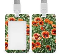 Sliding Red Flowers Leaves Id Badge Holder Vertical Card Protector Cover Clear Window Key Card Holder Lanyard Badge Case Pouch for Office Driver’s Licenses and Passes