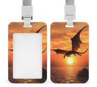 Sliding Sea Sunset Flying Dragon Badge Holder Waterproof Plastic Card Holder with Clear Window Detachable Lanyard Vertical Heavy Card Case Protector for Office School Factory