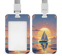 Sliding Sunset and Sailboat Id Badge Holder Vertical Card Protector Cover Clear Window Key Card Holder Lanyard Badge Case Pouch for Office Driver’s Licenses and Passes