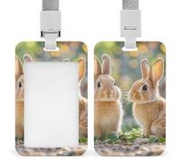 Sliding Two Little Cute Rabbits Badge Holder Waterproof Plastic Card Holder with Clear Window Detachable Lanyard Vertical Heavy Card Case Protector for Office School Factory