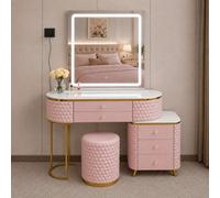 Sliding Wardrobes 4 u LTD Modern Dressing Table Vanity With Led Mirror, 5 Drawers, Stool & Storage Cabinet - Pink 130Cm