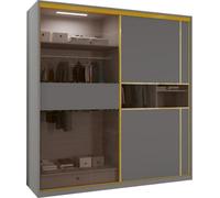 Sliding Wardrobes 4 u LTD Modern Sliding Wardrobe With Golden Detailing Universal Glass Door, Dual Led Lights & Fully Mdf Construction (Grey,200Cm)