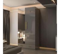 Sliding Wardrobes 4U High Gloss 2-Door Wardrobe with Mirror & Drawers W90 x H200cm x D50cm in Grey Sliding Wardrobes 4U Grey
