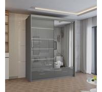 Sliding Wardrobes 4U Modern High Gloss Sliding Wardrobe with LED Light 150cm x 220cm in Grey | Size: 150 cm x 220 cm Sliding Wardrobes 4U Grey 150 cm x 220 cm