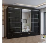 Sliding Wardrobes 4U Modern High Gloss Sliding Wardrobe with LED Light 255cm x 220cm in Black | Size: 255 cm x 220 cm Sliding Wardrobes 4U Black 255 cm x 220 cm