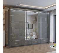 Sliding Wardrobes 4U Modern High Gloss Sliding Wardrobe with LED Light 255cm x 220cm in Grey | Size: 255 cm x 220 cm Sliding Wardrobes 4U Grey 255 cm x 220 cm