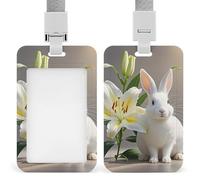 Sliding White Rabbit and Lilies Id Badge Holder Vertical Card Protector Cover Clear Window Key Card Holder Lanyard Badge Case Pouch for Office Driver’s Licenses and Passes