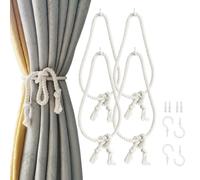 SLIFEOW Adjustable Curtain Tiebacks Rope 4 Pack, 35 Inch Extra Long Curtain Tie Backs Wall Mounted with 4 Screw Hooks for Indoor Outdoor Curtain Drapery Tie Backs, Rustic Cotton Holdbacks Cream White